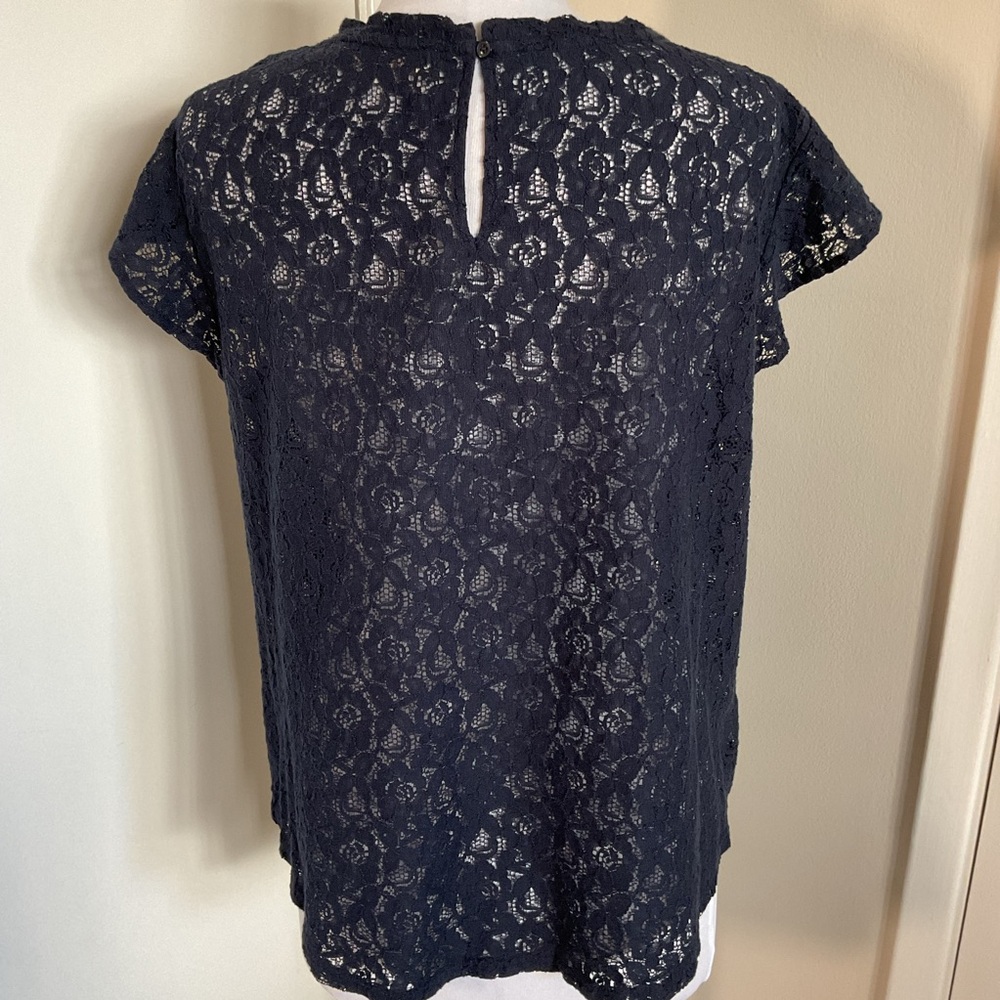 LOFT Navy Blue Floral Embroidered Lace Blouse Large L Cotton Blend Short Sleeve - Picture 5 of 5